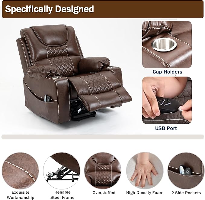 Power Lift Recliner Chair for Elderly with Massage and Heating, Ergonomic Electric Recliner Chair Single Sofa for Adults with Remote Control USB Port, Cup Holders, Side Pockets