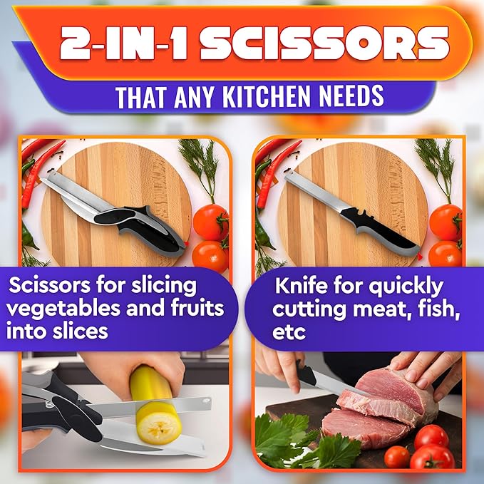 2 in 1 Kitchen Scissors for Food – Stainless Steel Blade & Plastic Cutting Board Scissors with Safety Lock | 9.6" Tomato Knife, Fruit & Vegetable Cutter – Easy-to-Use Kitchen Shears for Meat, Cheese