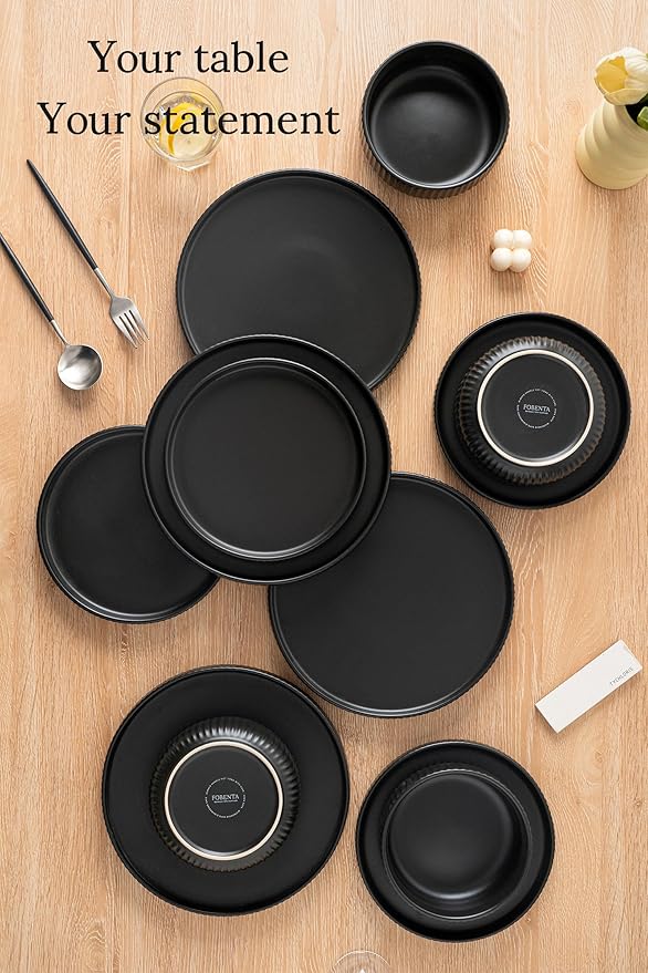 24 Piece Dinnerware Set,Bold Black Dish Set with Plates and Bowls for 8 – Premium Ceramic Tableware for Hosting & Large Gatherings