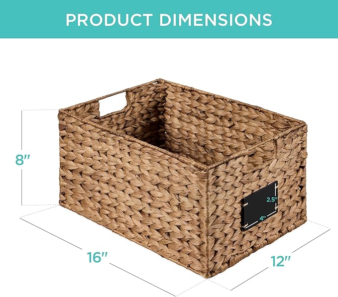 Best Choice Products Pantry Baskets Set of 2 16x12in Water Hyacinth Storage Baskets, Woven Wicker Kitchen Organizers with handles w/Chalkboard Label Chalk Marker - Chestnut