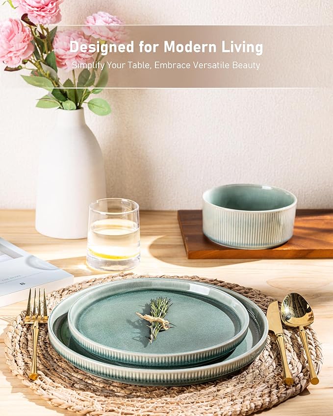 GBHOME Stoneware Dinnerware Sets for 4,Round Reactive Glaze Ceramic Plates and Bowls Set,Highly Scratch Resistant | Dishwasher & Microwave Safe Dishes Set,Service for 4(12Pcs),Malachite Green