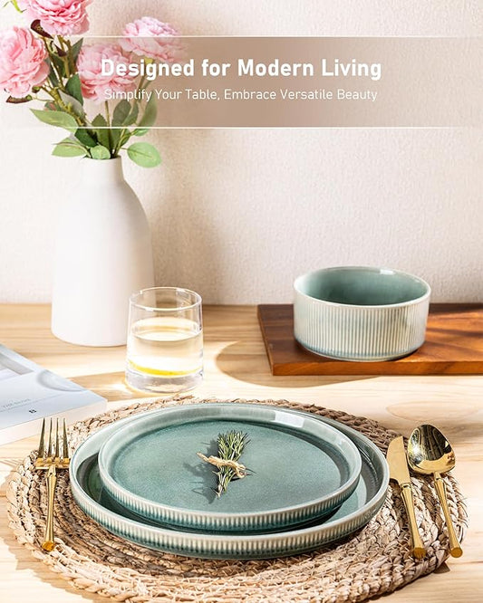GBHOME Stoneware Dinnerware Sets for 4,Round Reactive Glaze Ceramic Plates and Bowls Set,Highly Scratch Resistant | Dishwasher & Microwave Safe Dishes Set,Service for 4(12Pcs),Malachite Green