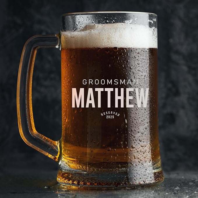 Groomsmen Gifts - Personalized Beer Mugs - Groomsmen Proposal Gift Idea - Customized Gift for Groom, Best Man, Groomsman - Custom Engraved Beer Mugs for Grooms Men - Groomsmen Beer Glasses (Design E)