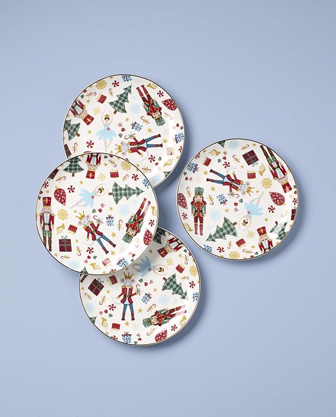 Lenox Dinnerware Set, Nutcracker Ballet Accent Plates, Service for 4 Porcelain Dinnerware, Microwave & Dishwasher Safe, Pasta, Salad and Dinner, Nutcracker Christmas Accent Plates (Assorted, 4 Piece)