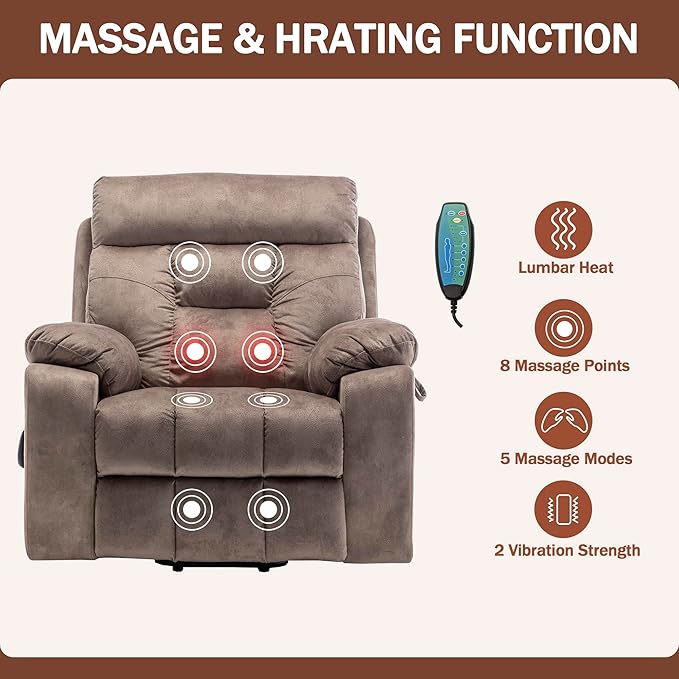 Oversized Power Lift Recliner Chair for Elderly with Massage Heat, Light Brown Velvet Electric Lay Flat Recliners with Cup Holders, Side Pockets, Infinite Position, Gift for Family