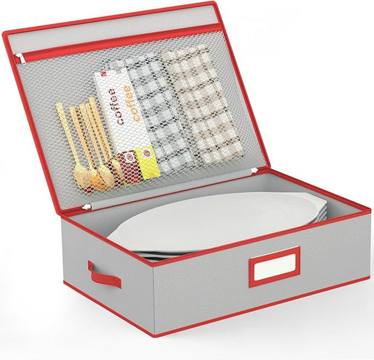 homyfort Platter Storage Case, Christmas China Storage Containers Box Hard Shell 17" x 13" x 5.5" for Platters Organizing, 4 Felt Dividers Included, Structured Top and Stackable