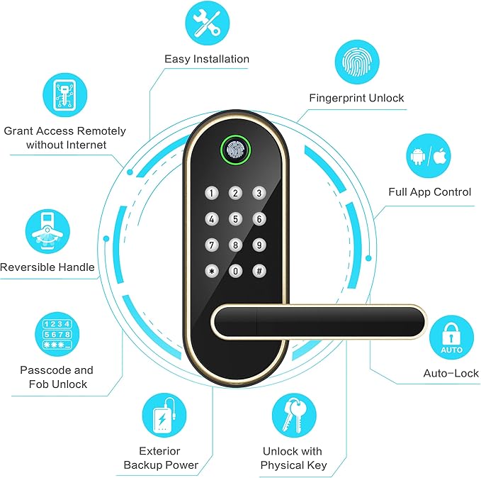 Fingerprint Smart Door Lock with Handle & Keypad – Bluetooth Keyless Entry for Front Door, Home, Kids, Guests, Airbnb & Rental, App + Code Access, Compatible with Alexa & Google, Easy DIY Install