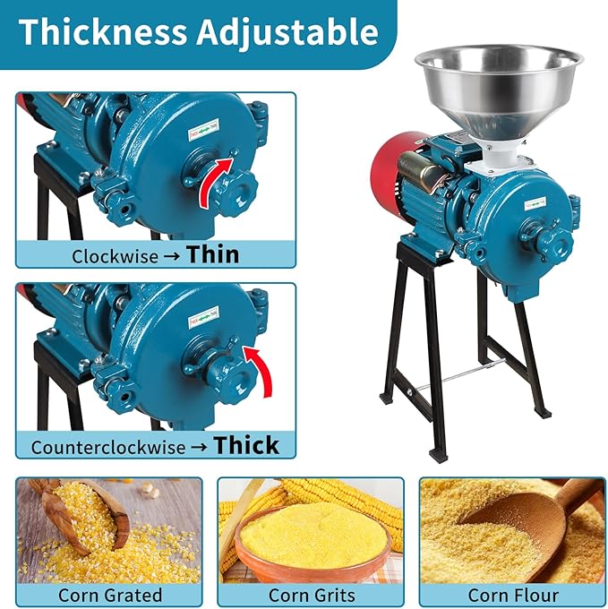 Snowtaros Electric Grain Mill Grinder 3000W 110V, Commercial Corn Grinder with Funnel, Dry Feed Grain Mill Machine, Thickness Adjustable, Powder Grinder for Grain Corn Rice Herbs Pepper (Dry Use)