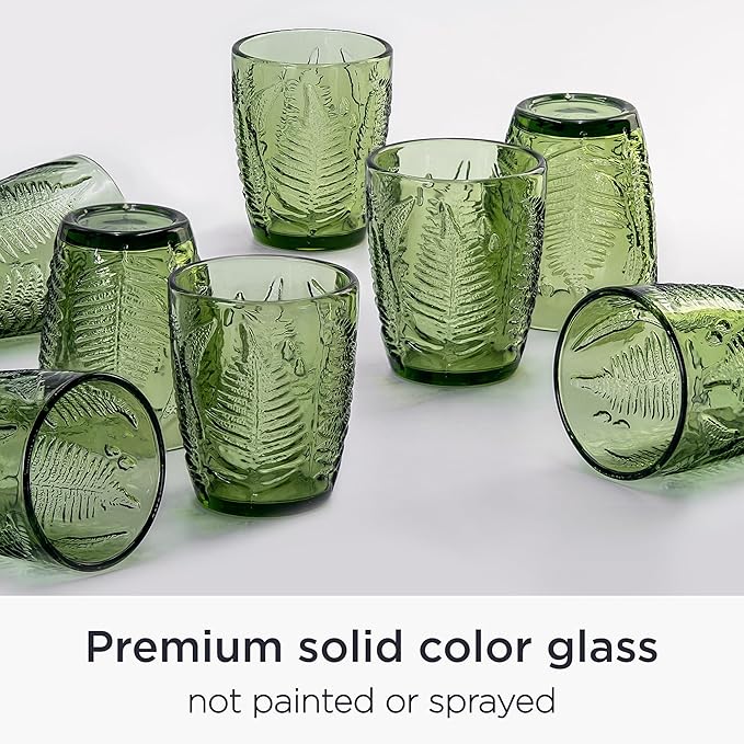 Vintage Green Drinking Glasses Set of 8 – 10 oz Embossed Textured Glass Cups, Retro Style Colored Drinkware for Water & Cocktails, Durable Decorative Kitchen Glassware, Unique and Cute Hostess Gift