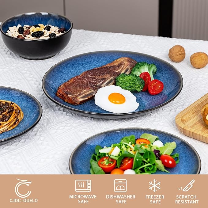 Plates and Bowls Sets for 4 - CJDC-QUELO 16-Piece Stoneware Dinnerware Sets, Ceramic Dishware Set for Kitchen Use and Formal Dining, Chip and Scratch Resistant Microwave Dishwasher Safe, Blue