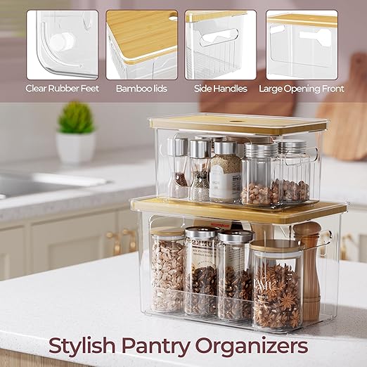 Delamu 2 Pack Acrylic Trash Bag Holder, Stackable Garbage Bag Dispenser with Bamboo Lid, Clear Organizer Bins for Under Sink Organization, Pantry Storage, Cabinet, Kitchen, Laundry, Bathroom