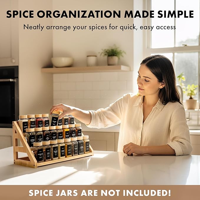 3 Tier Bamboo Spice Rack Organizer for Cabinet – Fits 24 Spice Jars, 17.5” Wide Countertop & Cabinet Organizer for Kitchen Organization, Seasoning Organizer Shelf (Jars Not Included)