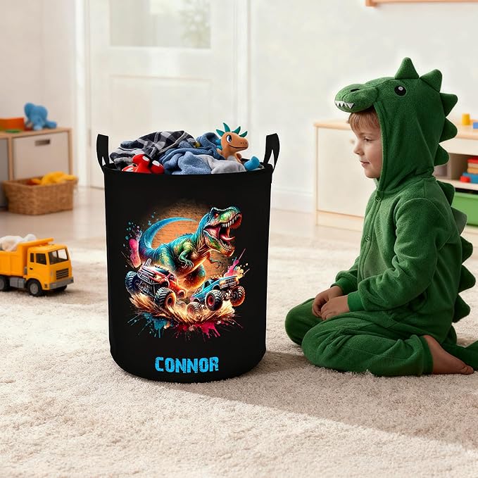 callie Personalized Dinosaur Gifts Truck Laundry Basket for Boys, Waterproof Collapsible Kids Laundry Hamper, Clothes Toys Storage Bin for Bedroom (13.8" x 16.5", 15.7" x 19.6")