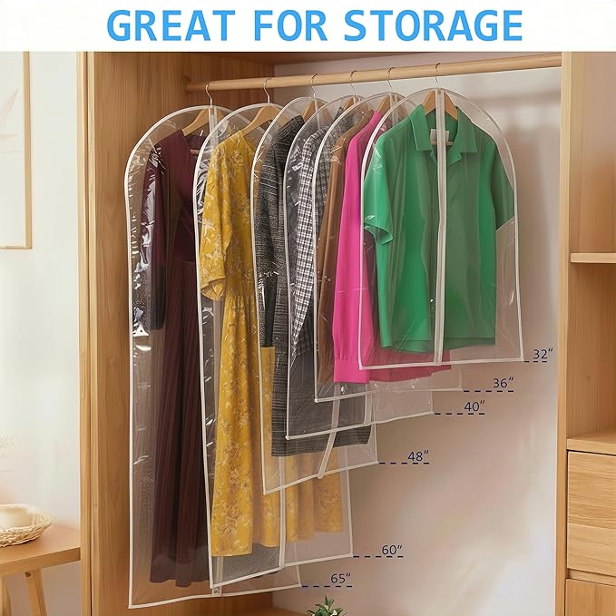 36” All Clear Garment Bags for Women Suit Bags - PEVA Waterproof Suit Cover with Zipper for,Hanging Clothes, Coats - Durable Dresser for Closet Storage, Dustproof & Moisture Resistant - 36”/6 Pack