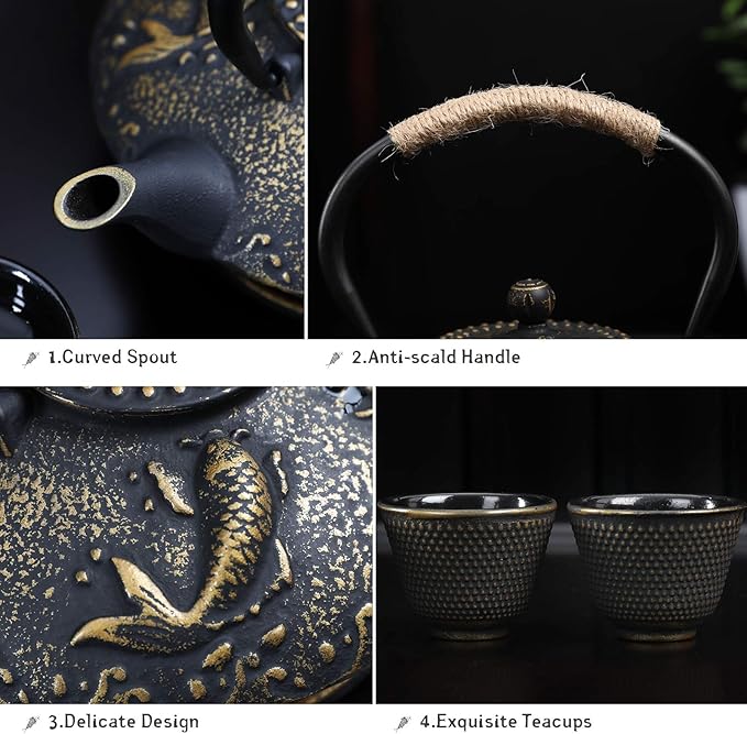 Ufine Koi Fish Cast Iron Teapot Set Stove Top Tea Kettle with 4 Cups Japanese Style Tetsubin Tea Gift Set, 26 oz with Stainless Steel Infuser
