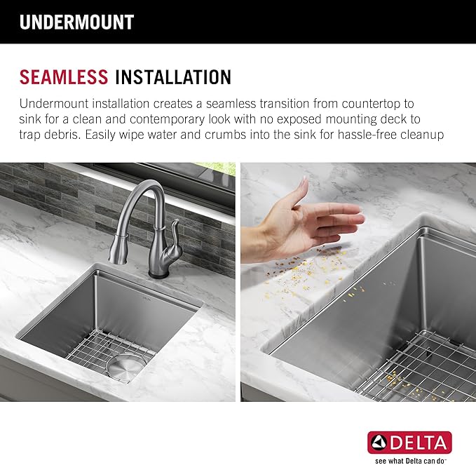 DELTA FAUCET Lorelai 17-inch Workstation Bar Prep Kitchen Sink Undermount 16 Gauge Stainless Steel Single Bowl with WorkFlow Ledge and Kit of 5 Accessories, 95B9032-17S-SS