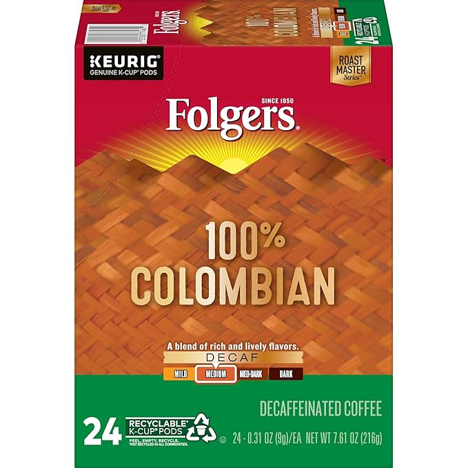 Folgers 100% Colombian Decaf Medium Roast Coffee, 96 Keurig K-Cup Pods, 24 Count (Pack of 4)