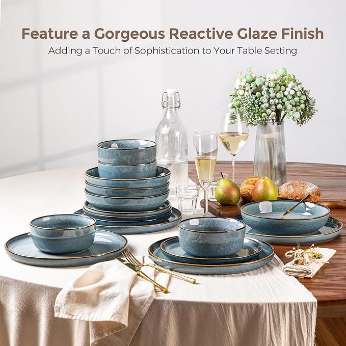 GBHOME 24 Pieces Double Bowls Ceramic Dinnerware Sets for 6, Stoneware Plates and Bowls Set with Reactive Glaze, Scratch Resistant Stoneware Dishes Set, Dishwasher & Microwave Safe