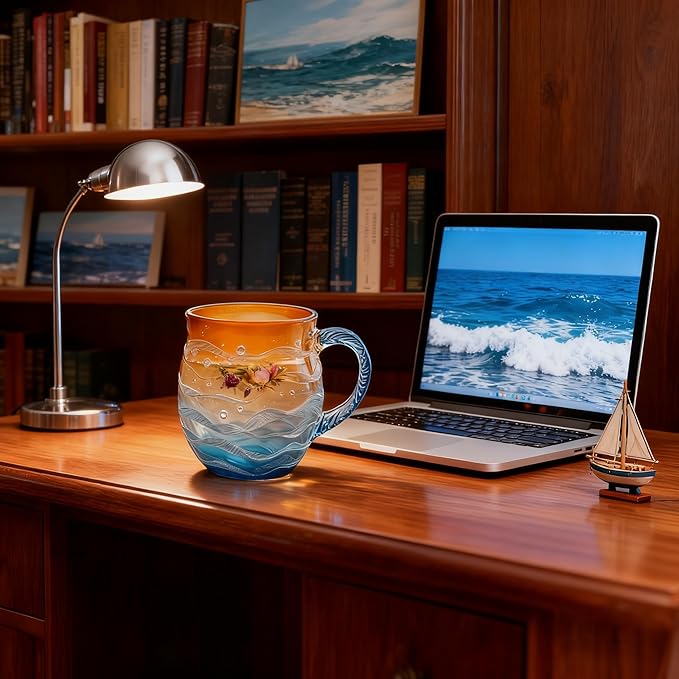 Golden Tide Mug,12 Oz/350ml Sea Glass Ocean Wave Mug,Handcrafted Oceans Frosted Wave Texture Sunset Cups with Handle,Gift for Ocean Lovers (1PCS)