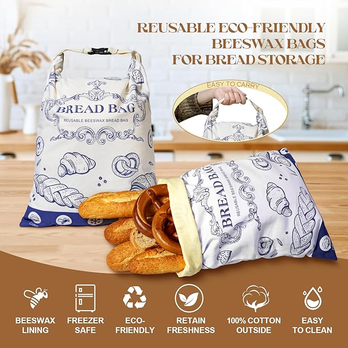 Reusable Beeswax Bread Bags with Zipper - Large Capacity Cotton Storage for Homemade, Sourdough & Fresh Bread | Food-Grade Eco-Friendly Storage Solutions