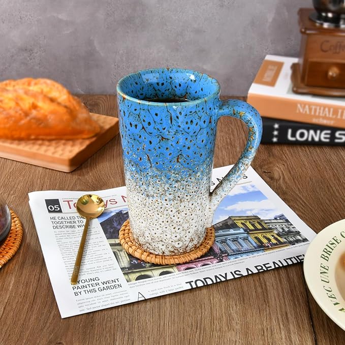 20oz Porcelain Coffee Mugs Set of 2, Large Tall Coffee Mugs with Handles, Modern Ceramic Coffee Cups for Coffee, Tea, Cocoa, Milk, Gifts for Women Men - White & Blue