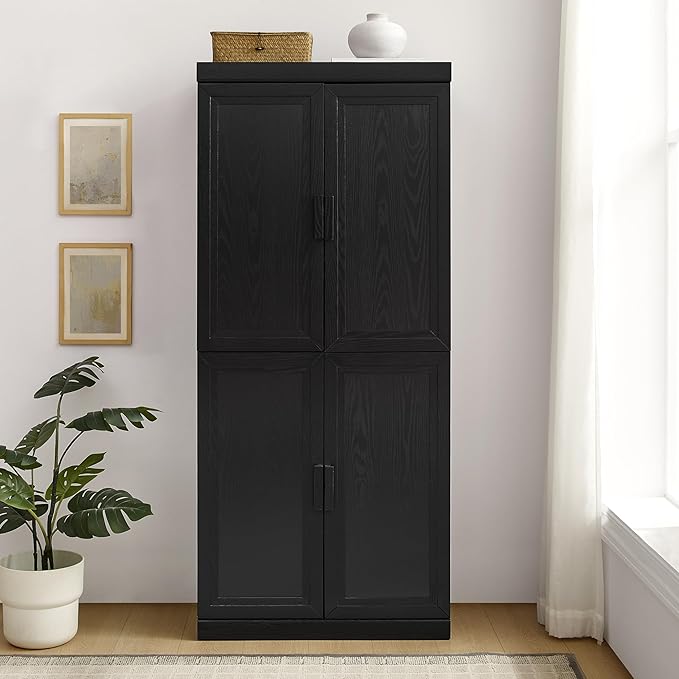 Crosley Furniture Essen Kitchen Pantry Storage Cabinet with Doors and Shelves, Entryway, Bathroom, Black