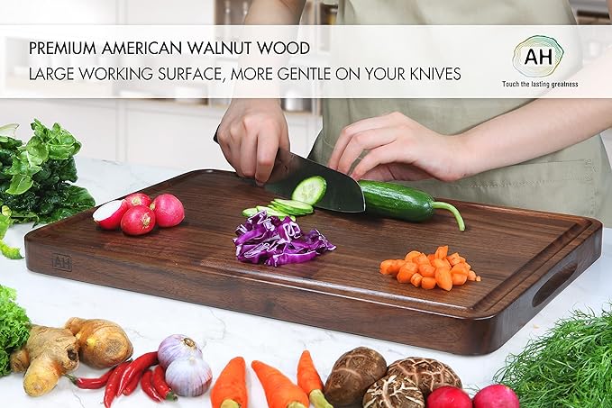 AZRHOM Walnut Wood Cutting Board, 17x11in Large Wooden Chopping Boards with Deep Juice Groove and Side Handle, Thick Butcher Block for Kitchen Meat Cheese Gift for Wife Mom (Gift Box)