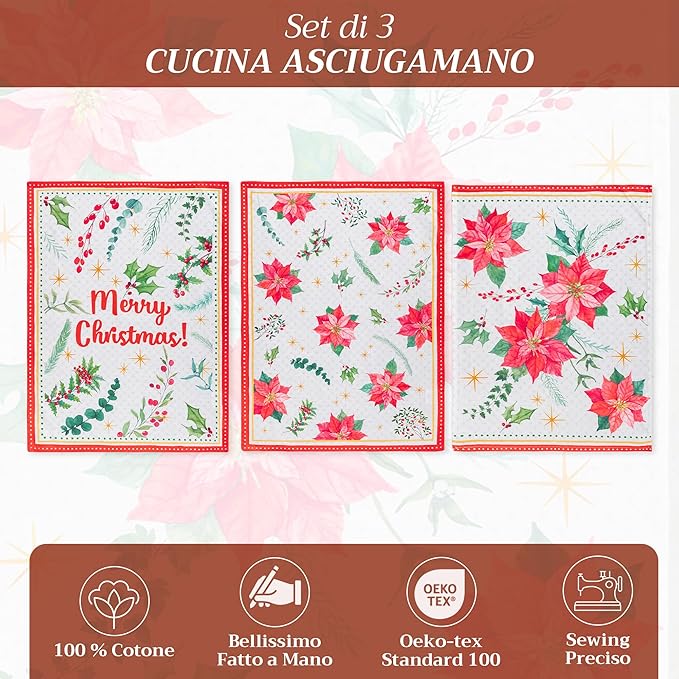 Maison d' Hermine Kitchen Towels Set of 3 100% Cotton 20" x 27.5" Reusable Cloth Tea Dish Towels Absorbent with Hanging Loop for Kitchen Thanksgiving Christmas Decorations (Poinsettia Christmas)