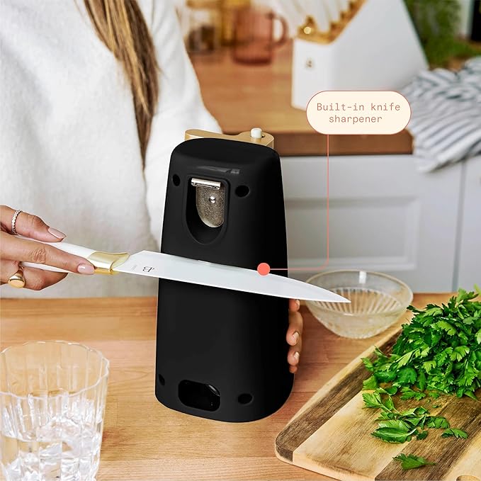Beautiful Electric Can Opener, Stainless Steel Blade, Magnetic Lid, Auto-Turn Safety, Knife Sharpener & Bottle Opener, Cord Storage - Drew Barrymore Kitchen (Black Sesame)