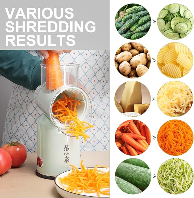 Rotary Cheese Grater Hand Crank with 5-in-1 Interchangeable Blades & Strong Suction Base Vegetables Shredder Manual Slicer for Kitchen, Green