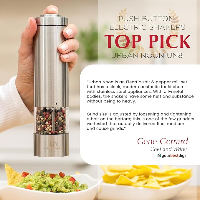 Electric Salt and Pepper Grinder Set - Battery Operated Stainless Steel Mill with Light (2 Mills) - Automatic One Handed Operation - Electronic Adjustable Shakers - Ceramic Grinders