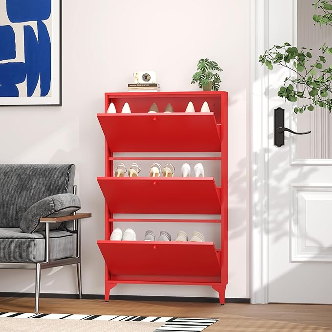 Shoe Cabinet with 3 Flip Drawers, Narrow Shoe Storage Cabinet, Farmhouse Shoe Organizer, Freestanding Organizer with Metal Legs for Entryway, Foyer (3 Door, Red)