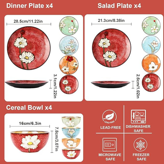 Stoneware 16-Piece Modern Dinnerware Set,Kitchen Plates Bowls and Mug Sets Serves 4,Dishwasher and Microwave Safe,4 colors (Service for 4(12Pcs))