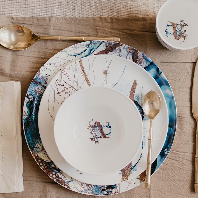 KOKEN - Ocean Blue 16 Piece Dinnerware Set (Service for 4) fine bone china - Dish Plates and Bowls Sets, Service for 4, Dinner Salad Dessert Plates, and Cereal Bowls Set, Blue - Microwave safe