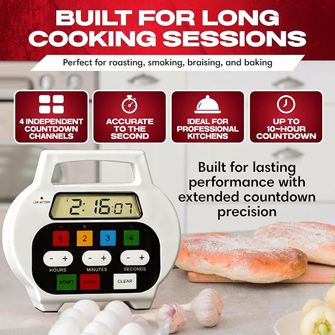 Chef Master 4-Channel Digital Kitchen Timer – Timer for Cooking, Baking & Grilling – LED Display Clock with Independent Countdown Functions for Food Preparation, Roasting, & Tracking - 90218