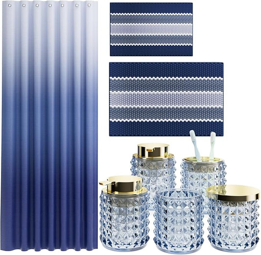 Bathroom Sets with Shower Curtain and Rugs and Accessories, Glass Bathroom Accessories Set Blue Bathroom Set Bathroom Sets, Blue Bath Mat and Diamond Soap Dispenser for Bathroom Decor