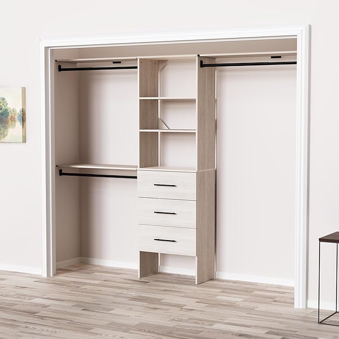 ClosetMaid SuiteSymphony 25-Inch Closet System Tower with (3) Hanging Rods, (3) Drawers, and (3) Top Shelves, White Timber