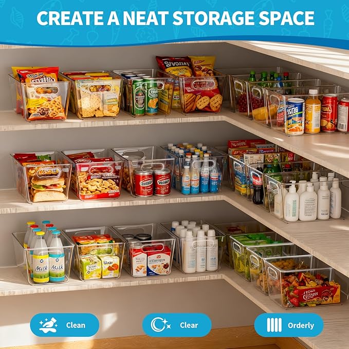 Clear Plastic Storage Bins, 4 Pack Pantry Organizers & Storage Containers, Cabinet Organizer, Home Organization Must Haves for Kitchen, Laundry Room, Office, Closet & Freezer