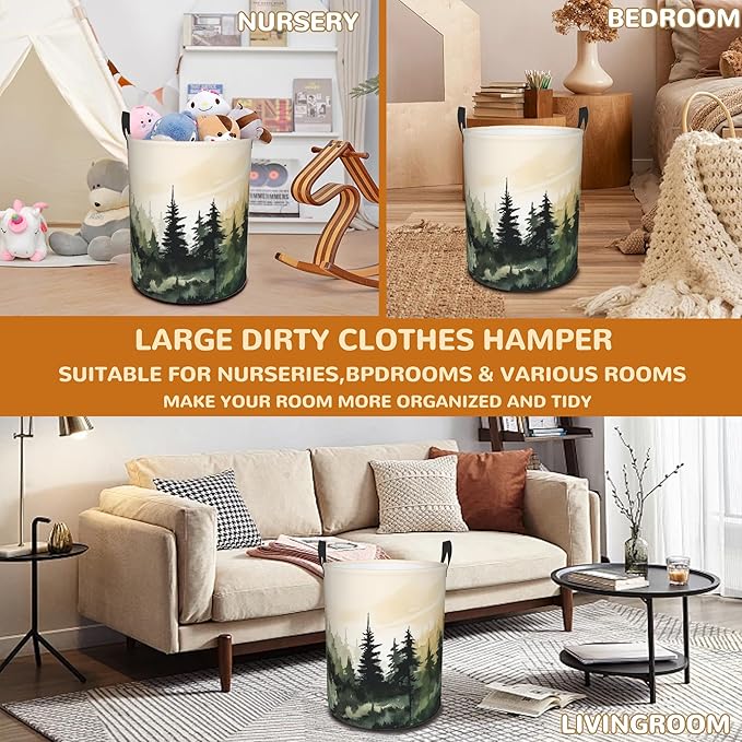 Mountain Forest Laundry Basket,Large Watercolor Landscape Laundry Hamper/Bathroom/Home Decor/Collapsible Round Storage Bin,Boys Girls Dirty Clothes Hamper/Boxes/Toys Storage 16x20 Inch
