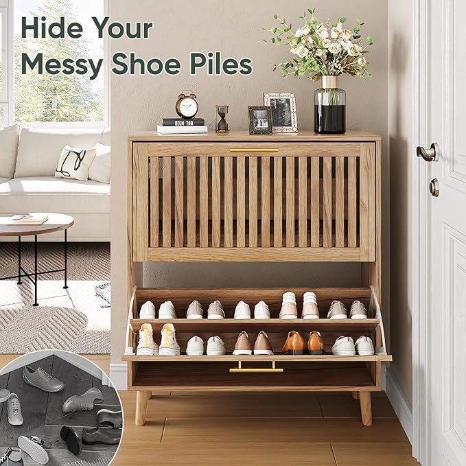 Shoe Storage Cabinet with 2 Flip Slatted Drawers, Narrow Wood Shoe Cabinet with Gold Handle, Hidden Entryway Shoe Organizer for Hallway, Foyer, Natural Oak
