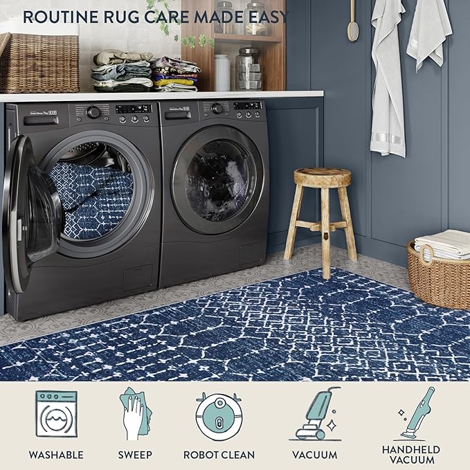 Lahome Moroccan Living Room Rug 9x12 - Non-Slip Washable Ultra-Thin Soft Large Area Rug, Modern Geometric Print Stain Resistant Carpet for Bedroom Dining Room, Blue