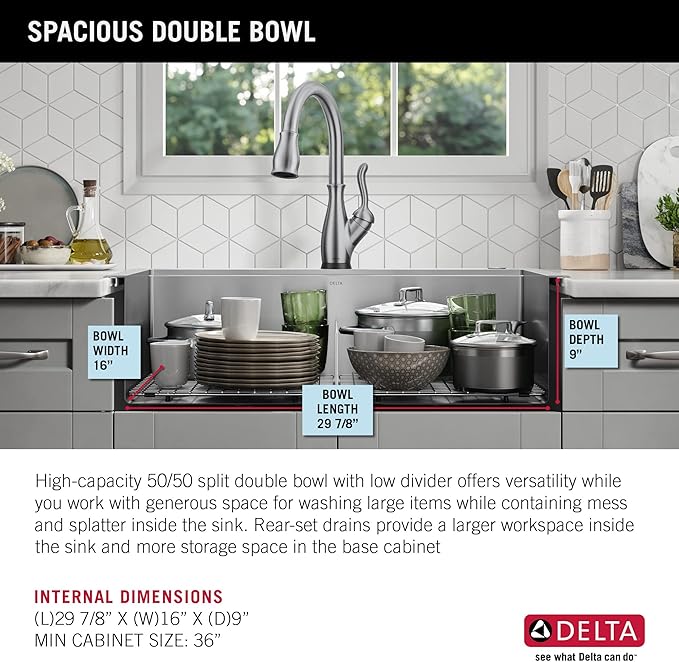 DELTA FAUCET 95A9032-T33D-SS Lorelai Workstation Kitchen Sink Drop-In Top Mount 16 Gauge Stainless Steel Double Bowl with WorkFlow Ledge and Chef’s Kit of 8 Accessories, 33 Inch