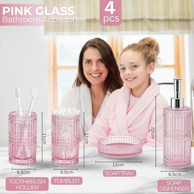 Escenzy Pink Bathroom Accessories Set 4 Pcs | Premium Glass Soap Dispenser and Toothbrush Holder Set, Qtip Holder, Soap Tray | Bathroom Counter Organizer Essentials | Modern Bathroom Set (Pink)