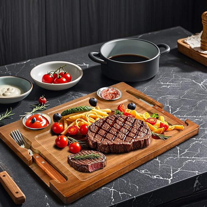 Acacia Wooden Steak Board - Steak Plate Cutting Board with Fork, Knife and Ramekins Wood Serving Board for Home 15.7 Inches (1 set)