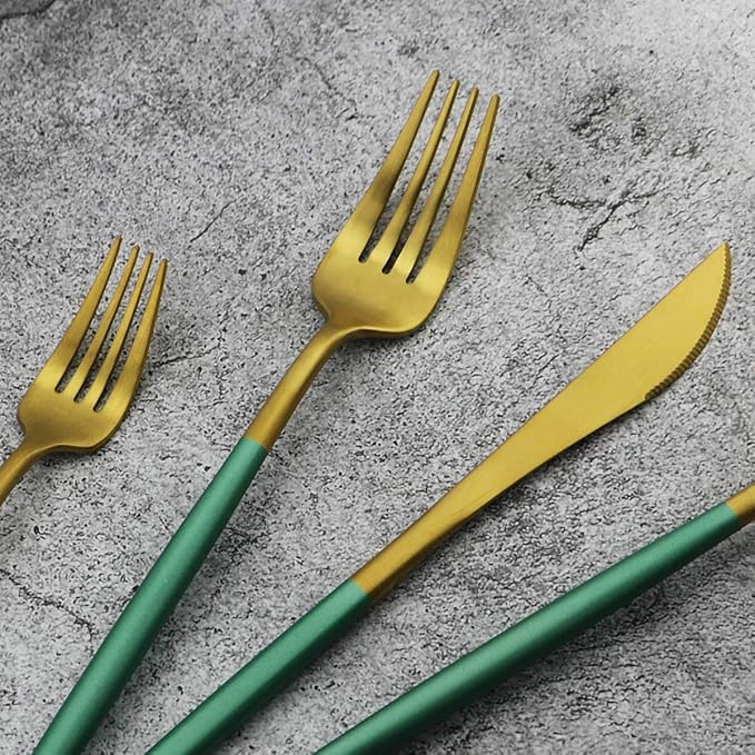 Gugrida 20-Piece 18/10 Stainless Steel Flatware Silverware, Luxury Dinnerware Set Travel Cutlery Tableware Include Knife Fork Spoon Service for 4, Dishwasher Safe (Green Handle Matte Gold)