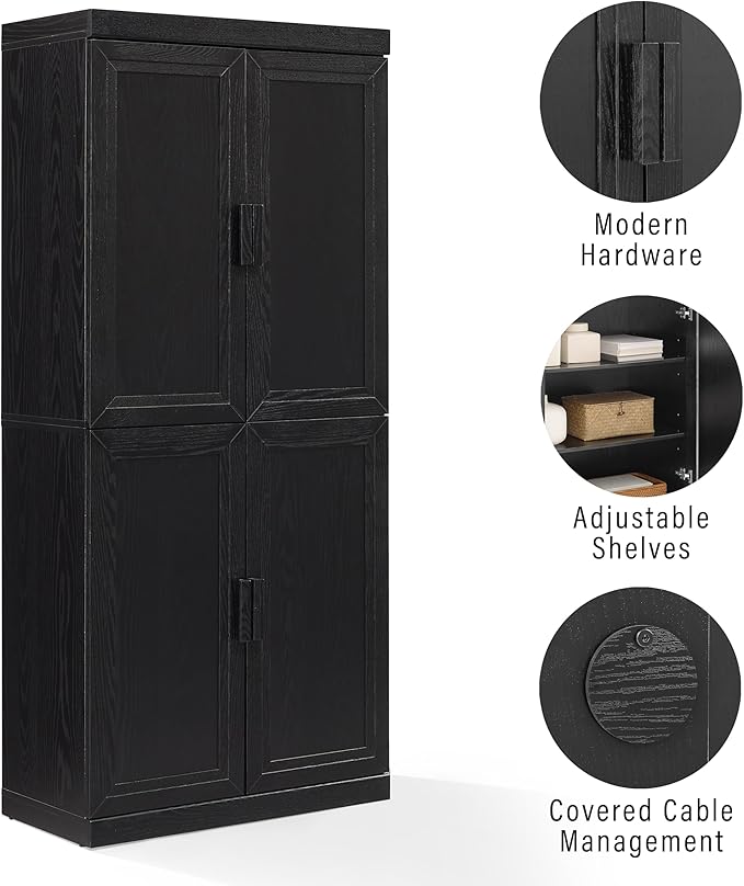 Crosley Furniture Essen Kitchen Pantry Storage Cabinet with Doors and Shelves, Entryway, Bathroom, Black