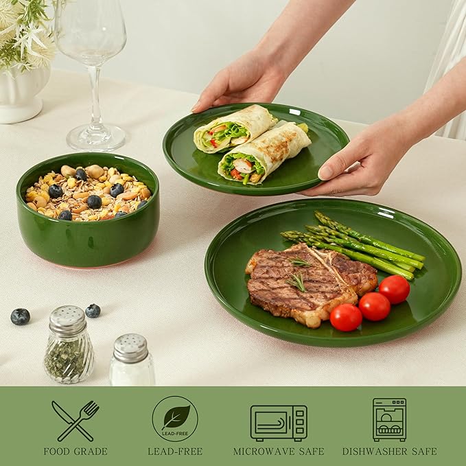 8-Inch Plates Set of 4, Dual Glaze Stoneware Plate, Microwave and Dishwasher Safe, Ceramic Plates for Salads & Desserts, Forest Glaze Green