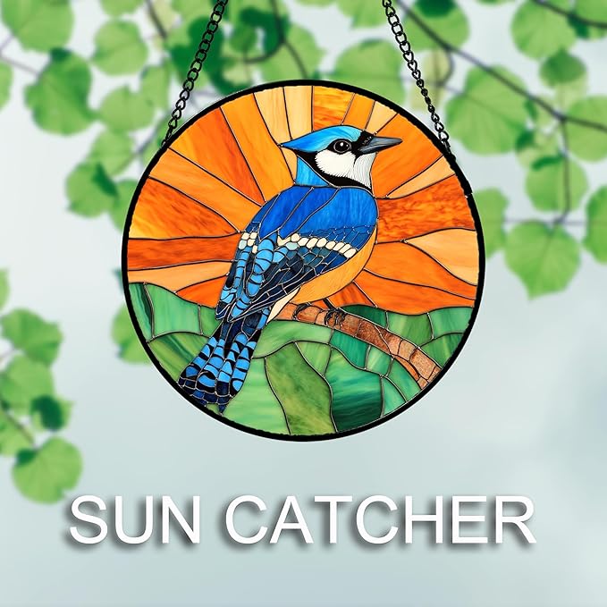 Stained Glass Window Hanging 4 Pcs Set Birds 6.3" - Cardinal Blue Jay Suncatcher Door Garden Sun Catcher Decor Birthday Christmas for Bird Lovers Mom Woman Nana Men