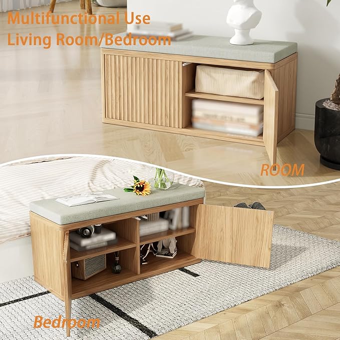 Entryway Shoe Storage Bench with 2" Cushion, 37.4" Small Bench with Shoe Rack, Cabinet Organizer for Hallway，Bedroom End of Bed,Light Oak