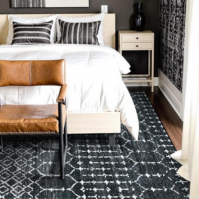 Lahome Moroccan Black Area Rugs 8x10 Living Room - Non-Slip Backing Ultra-Thin Large Rug Throw Stain Resistant Dining Room Rugs for Under Table, Geometric Print Modren Soft Rug for Bedroom Office